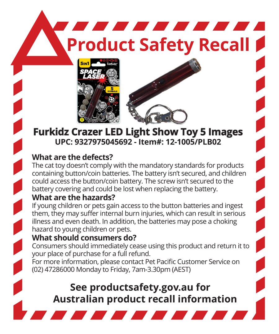 Product Safety Recall notice for Furkidz Crazer LED Light Show Toy 5 Images, UPC 9327975045692, Item 12-1005/PLB02