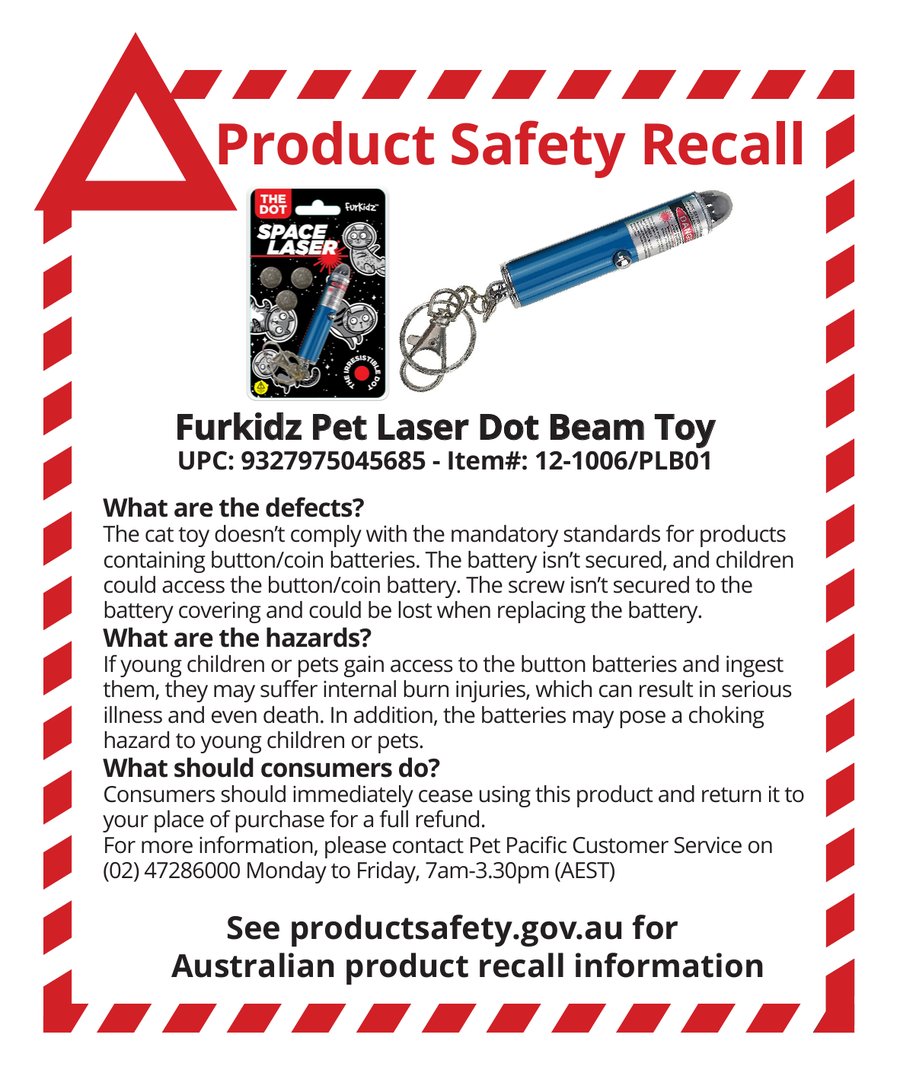 Product Safety Recall notice for Furkidz Pet Laser Dot Beam Toy, UPC 9327975045685, Item 12-1006/PLB01