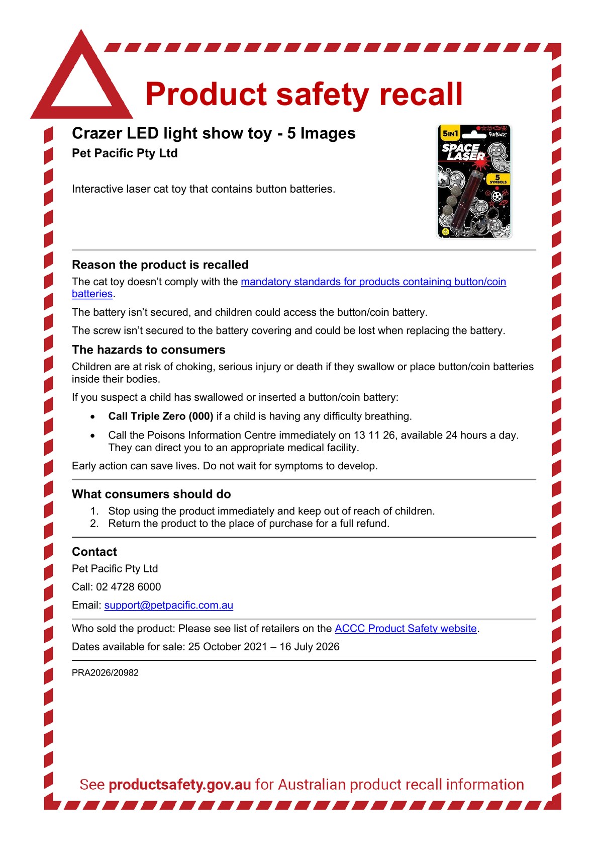 Official ACCC Product Safety Recall notice for the Furkidz Crazer LED Light Show Toy, Pet Pacific Pty Ltd, PRA2026/20982