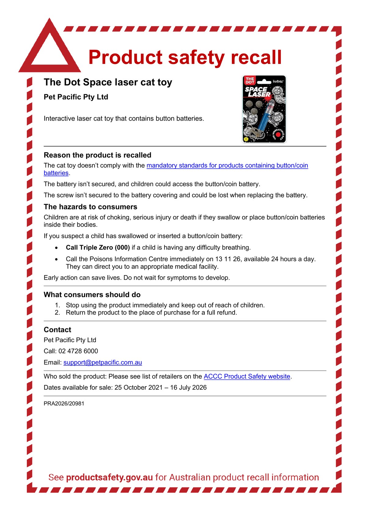 Official ACCC Product Safety Recall notice for the Furkidz The Dot Space Laser Cat Toy, Pet Pacific Pty Ltd, PRA2026/20981